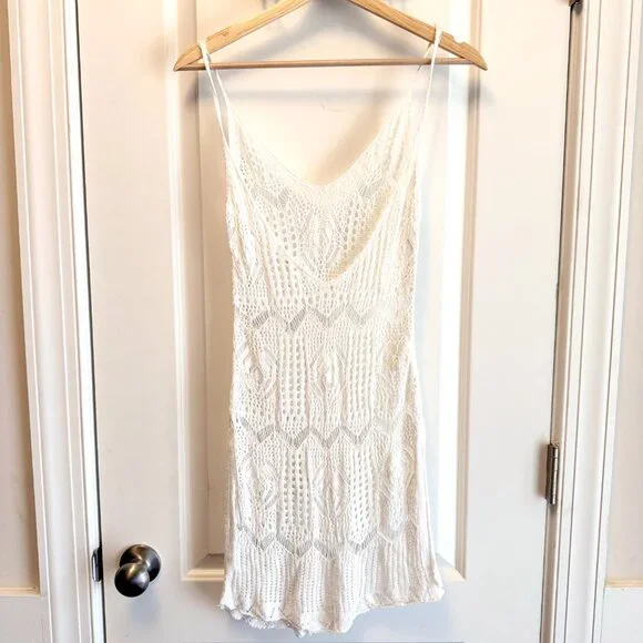 Crochet Boho Layering Dress Swim Cover Up White Size S Festival Summer Beach Top - Picture 6 of 6